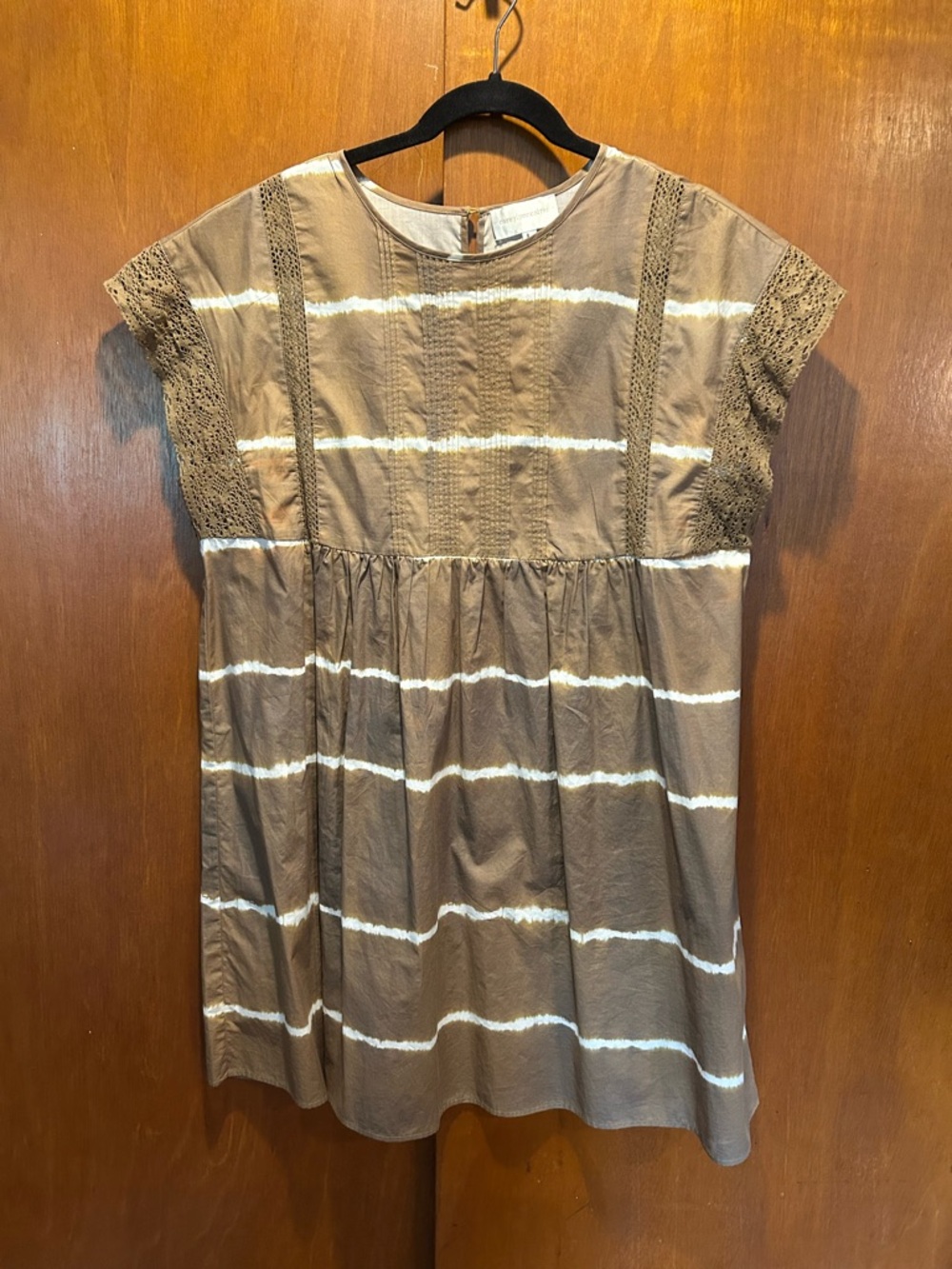 Corey Lynn Calter Brown and White Striped Midi Dress with Lace Insets